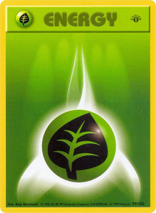 #99 1st Edition Pokemon Base Set-Grass Energy (MP)