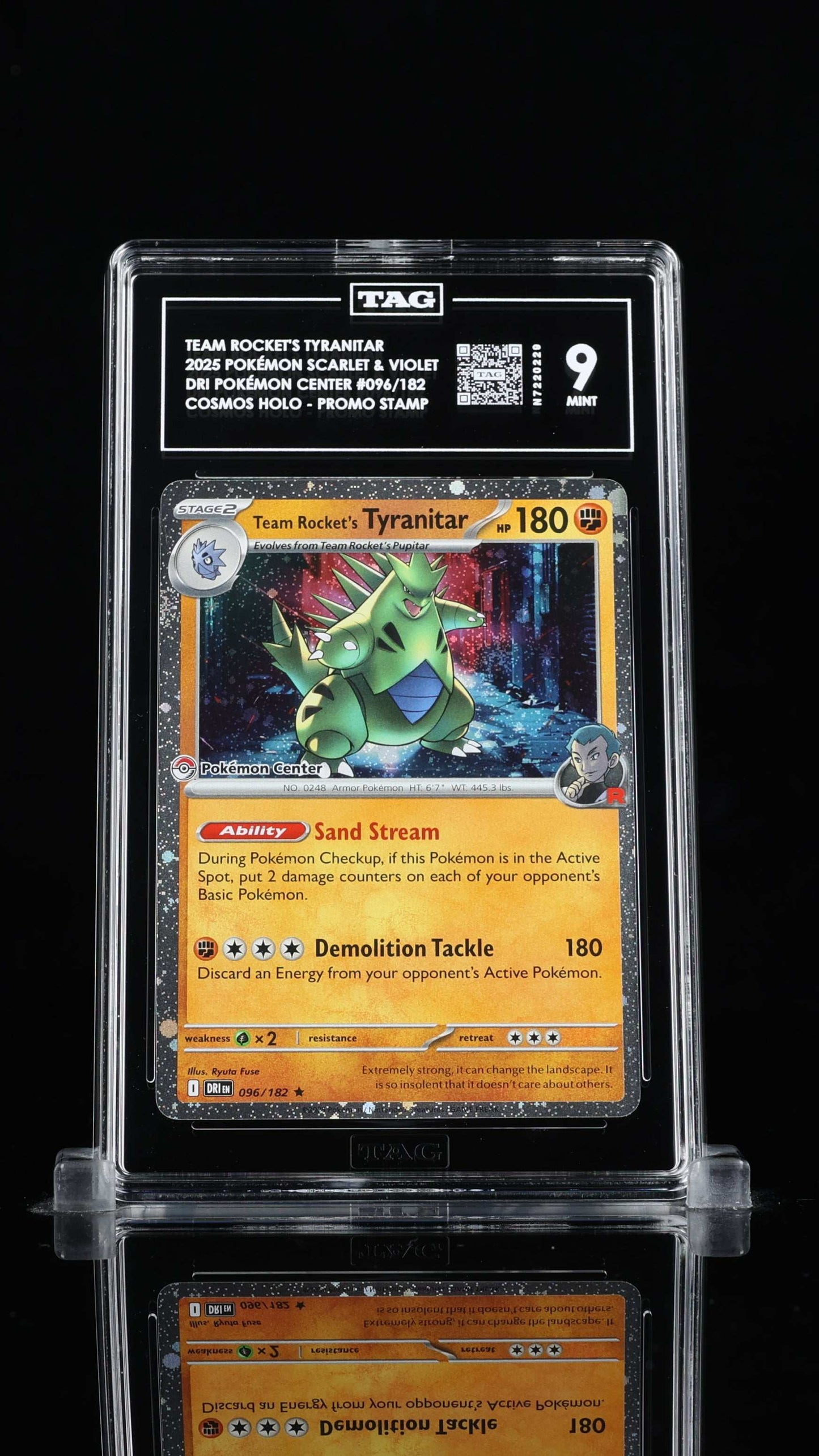 Team Rocket's Tyranitar Cosmos Holo- #96 Destined Rivals Pokemon Center Stamped- TAG 9