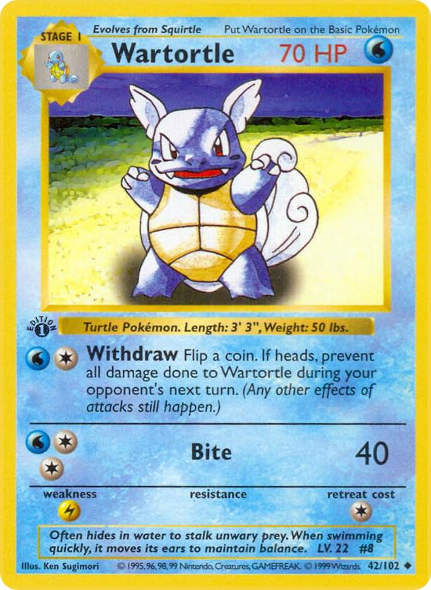 #42 1st Edition Pokemon Base Set- Wartortle Non-holo (MP)