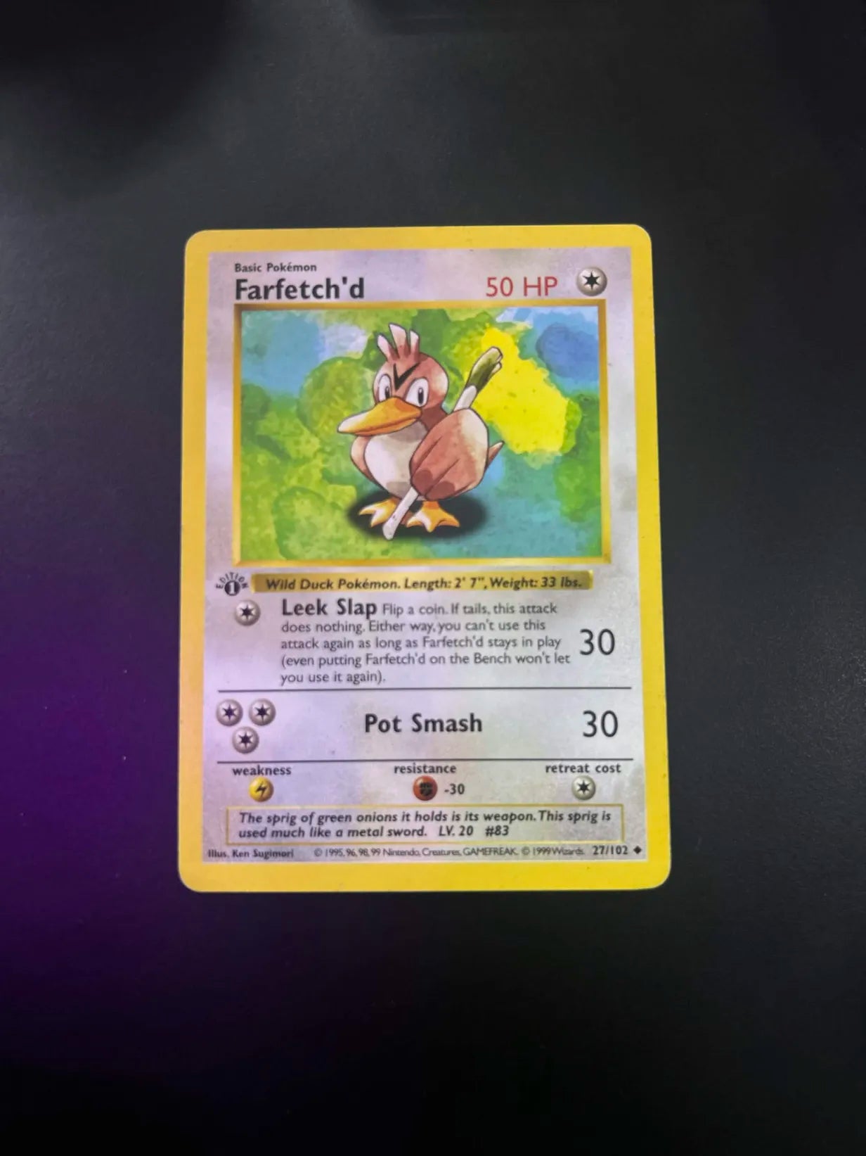 #27 1st Edition Pokemon Base Set- Farfetch'd Non-holo(HP)