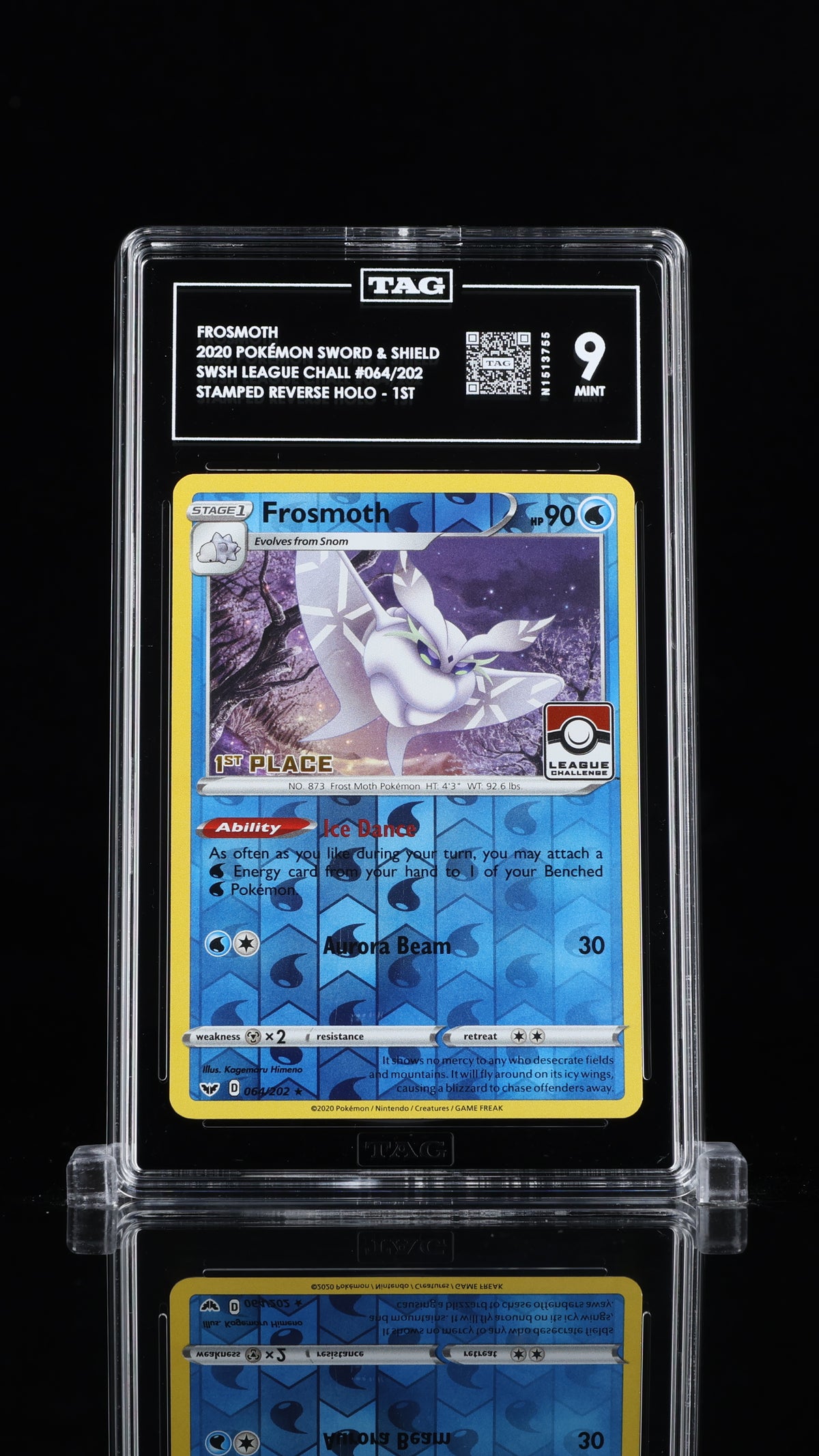 #64 Frosmoth Reverse Holo "1st place stamped, League Challenge'- Sword & Shield Base- TAG 9
