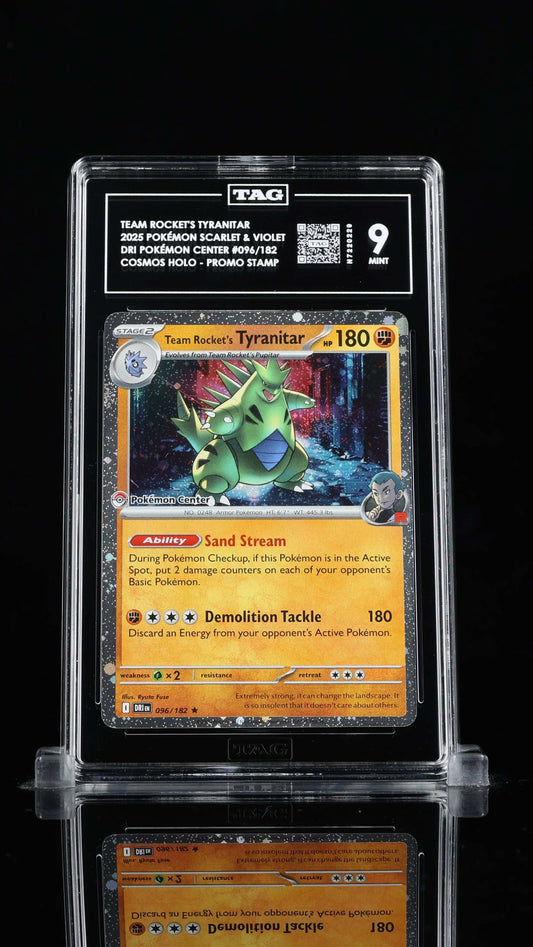 Team Rocket's Tyranitar Cosmos Holo- #96 Destined Rivals Pokemon Center Stamped- TAG 9